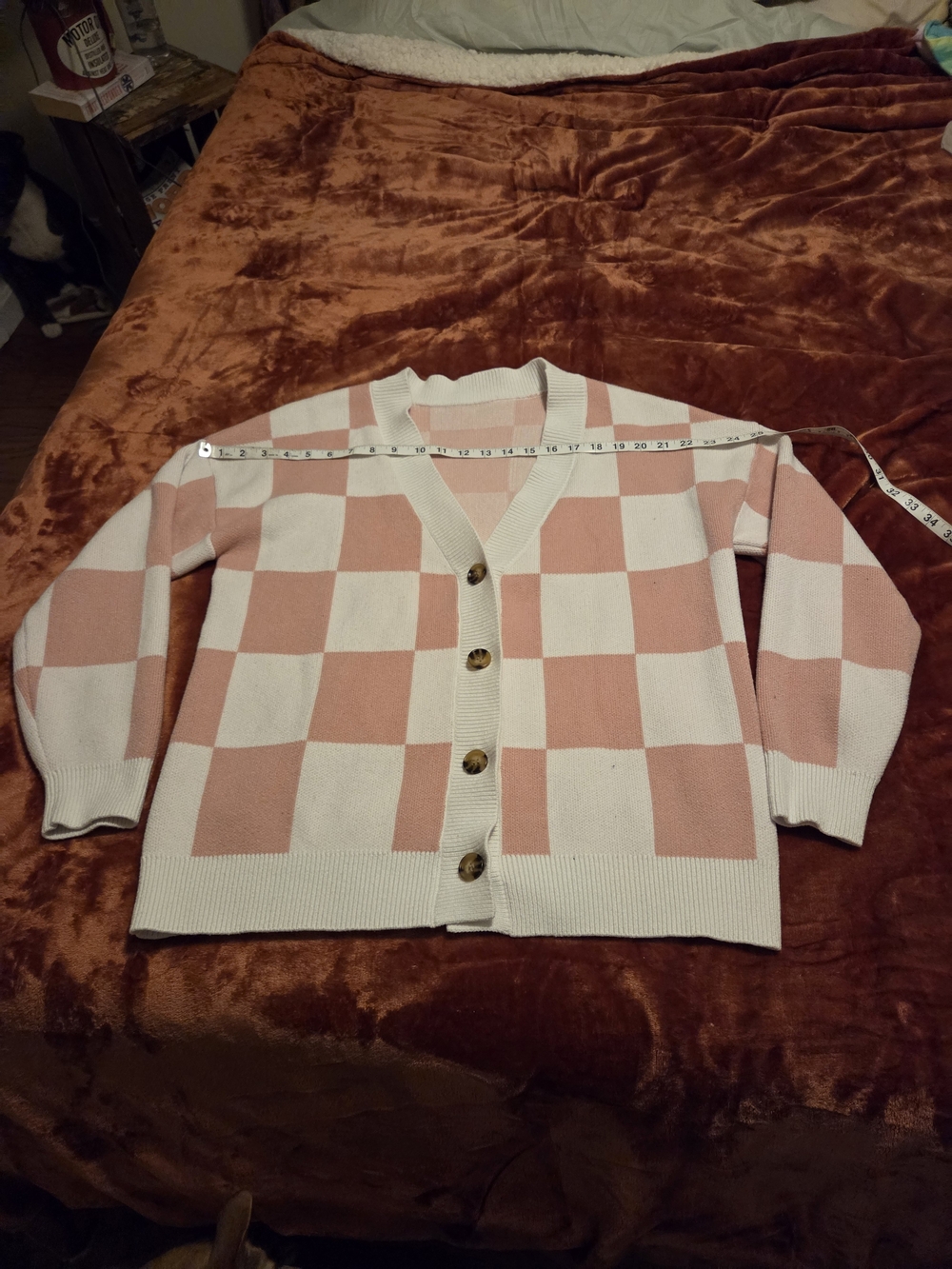 Checkerboard Pink and White Button-Up Cardigan